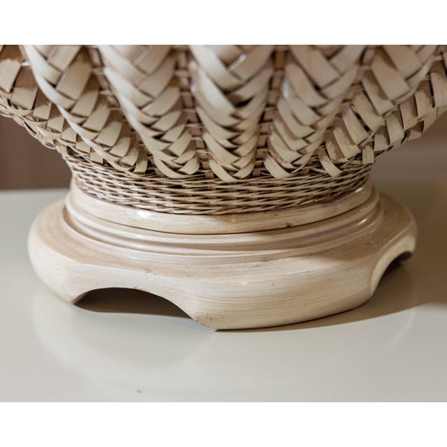 Wood Vintage 1980s Organic Modern Ribbed Woven Wicker Melon Table Lamps, a Pair For Sale - Image 7 of 14