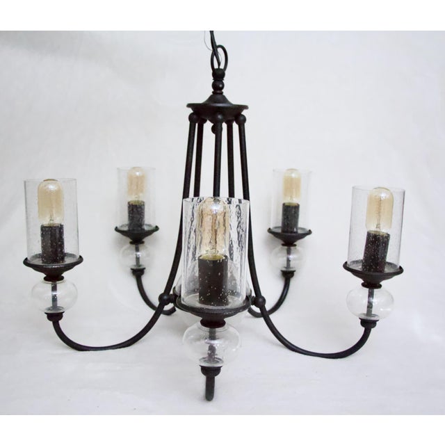Mid Century Round Iron 5 Arm Chandelier With Bubble Glass For Sale - Image 4 of 6