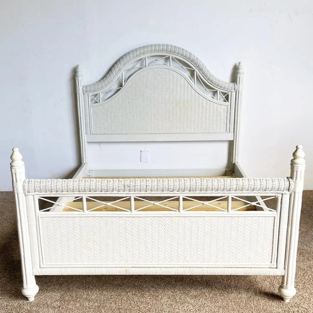 Boho Chic White Wicker Bamboo Rattan and Herringbone Queen Size Bed