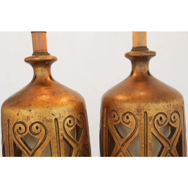 1960s Gorgeous Golden Mid-Century Brutalist Cut-Out Large Ceramic Table Lamps - A Pair For Sale - Image 16 of 17