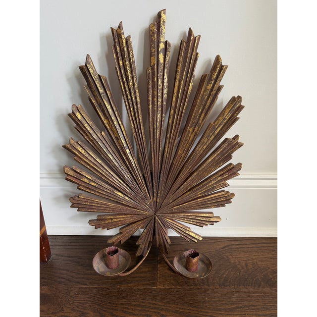 1970s 1970s a Pair of Wood Sunburst Form Wall Sconces For Sale - Image 5 of 7