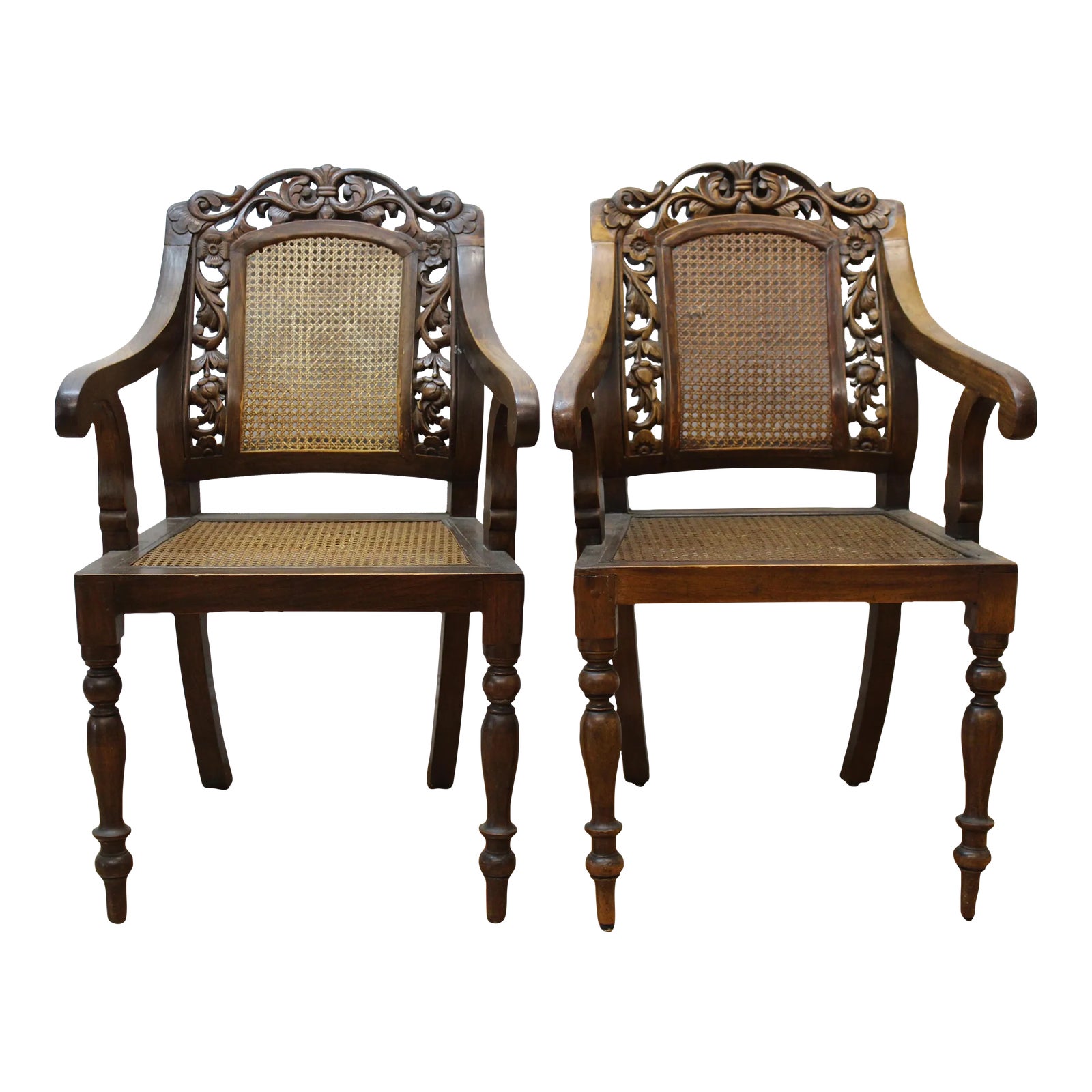 Pair of Caned & Carved Wood Arm Chairs Chairish