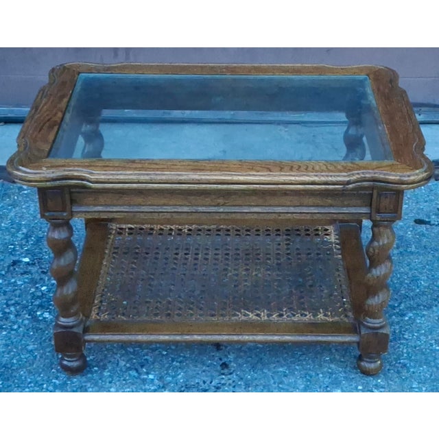 Mid 20th Century Mid-Century Barley Twist Oak and Cane Tiered Glass Top Side Table For Sale - Image 5 of 12