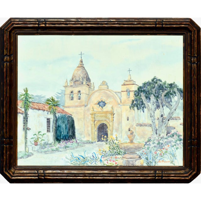 1990s Carmel Mission Watercolor Landscape by Deanna DeChauron For Sale - Image 5 of 5