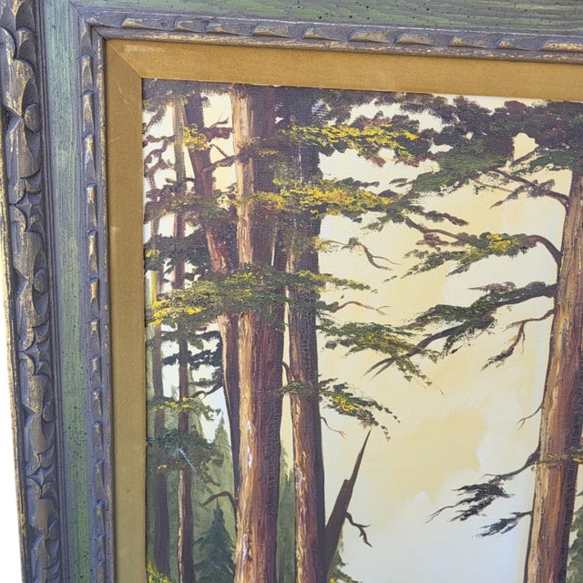 Cabin Signed Gerry Downs Oil Painting Feat Redwood Forest Landscape in Carved Wood Frame For Sale - Image 3 of 12