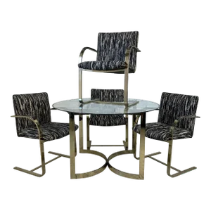 Glass and Brass Dining Set With Four Chairs Knoll Style Flat Bar Milo Baughman