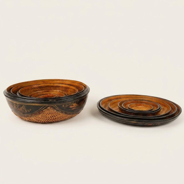 Paint Mid-Century Nesting Boxes in Woven Bamboo and Polychrome Lacquer Indochinese Work, 1950s, Set of 6 For Sale - Image 7 of 12
