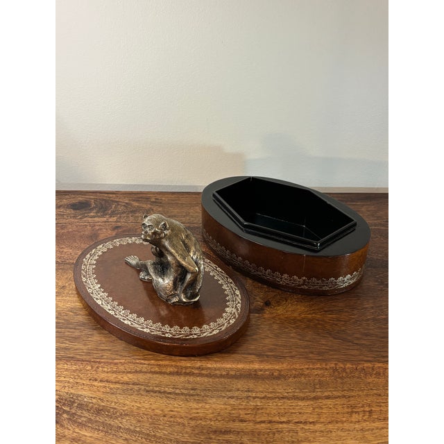 Brown Vintage Leather Decorative Box Attributed to Maitland Smith With Metal Monkey For Sale - Image 8 of 9