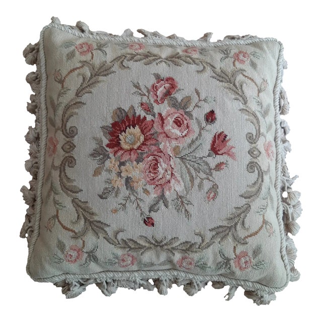 Floral Roses Needlepoint Tassel Pillow Shabby Chic For Sale