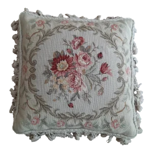 Floral Roses Needlepoint Tassel Pillow Shabby Chic