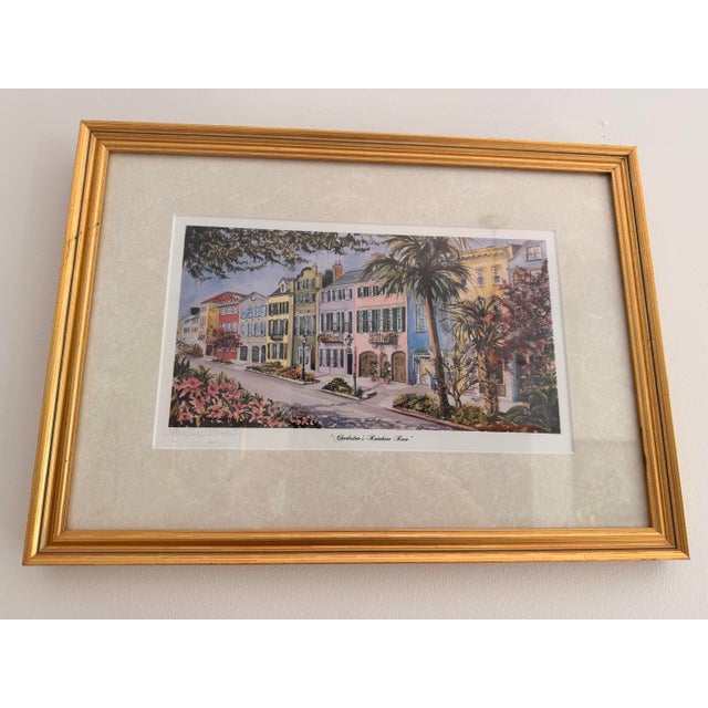 Gold Vintage Marilyn Morris Signed “Charleston’s Rainbow Row” Framed Art Print - 17.25” X 12.5” For Sale - Image 8 of 10
