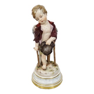 German 19th C Meissen Porcelain Winged Cupid Angel For Sale