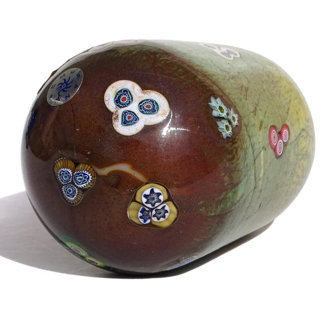 Glass Murano Opal Chalcedony Millefiori Flower Murrines Vintage Italian Art Glass Paperweight With Labels For Sale - Image 7 of 8