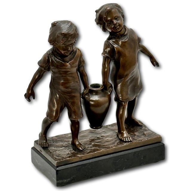 Very Cute Antique French Bronze Children With Amphora Figure by Noted Italian Sculptor Paolo Ferrari - Circa Early 1900ss For Sale - Image 4 of 12
