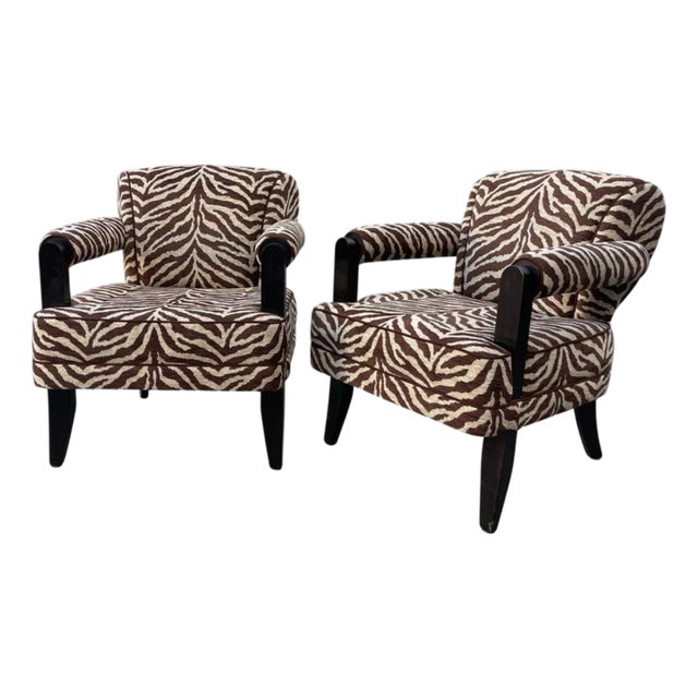 Larry Laslo for Directional Zebra Pattern Wood Frame Lounge Club Chairs, a Pair For Sale