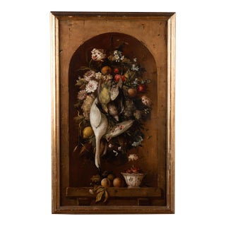 Original Oil on Canvas Still Life Painting of Fowl, Flowers, and Fruit From Portugal For Sale