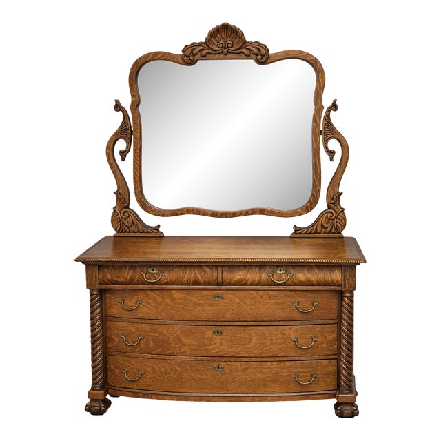 1900s Victorian Tiger Oak American Dresser Chest with Mirror For Sale