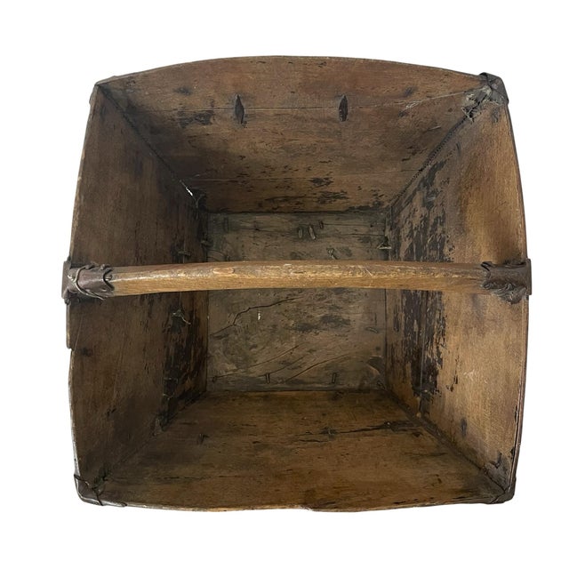 Metal Antique Chinese Rice Grain Measure Box Dou Wooden Primitive Basket Bucket Iron For Sale - Image 7 of 8