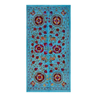 Blue Uzbek Suzani Wall Art – Camel & Floral Motif Embroidery 3'4'' X 6'2'' For Sale