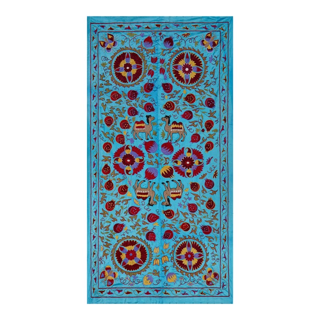 Blue Uzbek Suzani Wall Art – Camel & Floral Motif Embroidery 3'4'' X 6'2'' For Sale