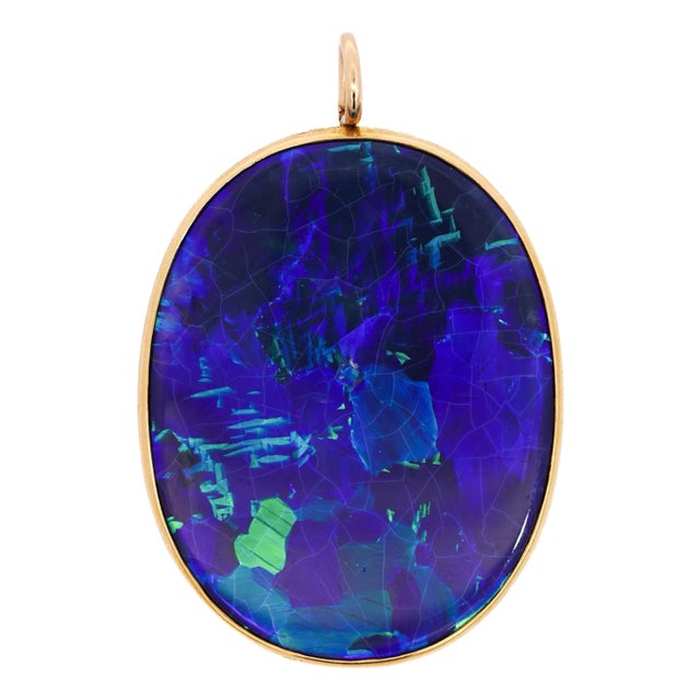 1950s Gia Certified 35 Carat Marcus & Co Australian Black Opal in 18k Gold Pendant For Sale