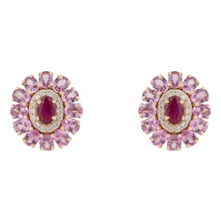6.55ct Ruby Pink Sapphire & Diamond Cluster Victorian Stud Earrings in 14k Gold- A Pair For Sale