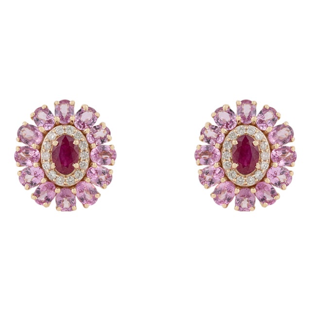 6.55ct Ruby Pink Sapphire & Diamond Cluster Victorian Stud Earrings in 14k Gold- A Pair For Sale