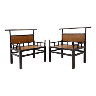 Japanese Meditation Chairs in Lacquered Wood and Rattan, Set of 2 For Sale