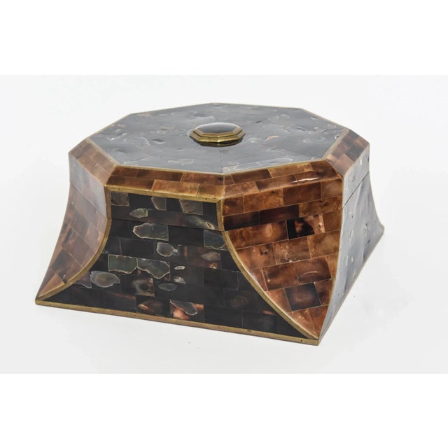 This exquisite and rare Maitland Smith large hinged box is a combination of beautiful abalone, horn, black stone top with...