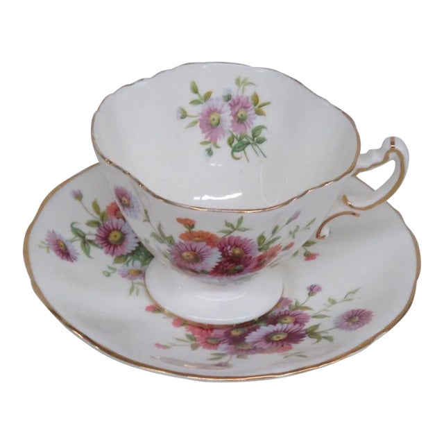 Hammersley England Bone China Pink Purple Flowers Tea Cup and Saucer Set For Sale