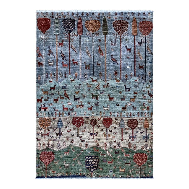 Blue Green Persian Gabbeh Tree of Life Rug, 05'00 X 07'00 For Sale
