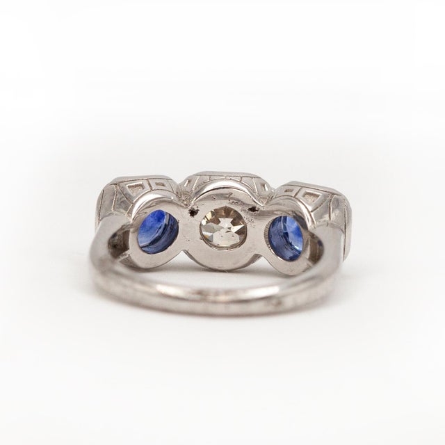 Platinum 1980s Gorgeous Platinum Diamond Sapphire 3 Stone Ring, Size 7.5 For Sale - Image 8 of 11