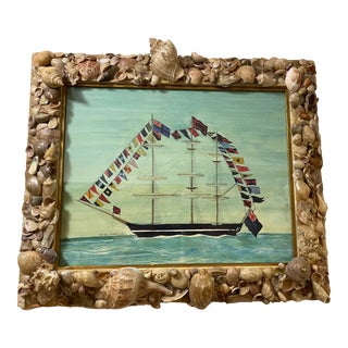 Mary Maguire Ship in Vintage Seashell Frame For Sale
