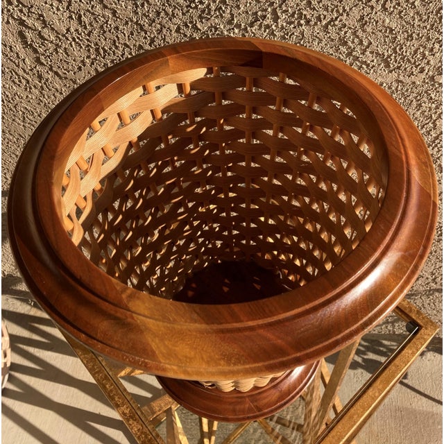 Late MidCentury Appalachian Black Walnut Wood & Cane Basket by Berea