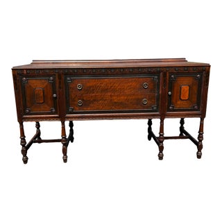 1920s Antique Tudor Sideboard Server Buffet Cabinet Burlwood Inlay For Sale
