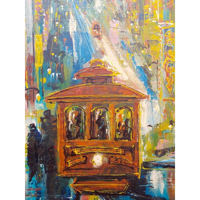 Textile 1960s Downtown San Francisco Busy Streets at Night -Oil Painting For Sale - Image 7 of 12