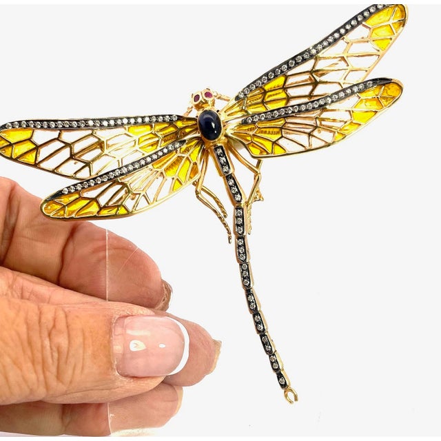 Gemstone Antique Plique-À-Jour Dragonfly Brooch With Gold and Gemstones For Sale - Image 7 of 15