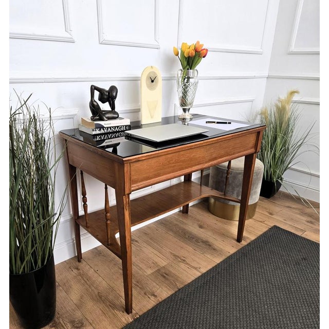1940s Mid-Century Art Deco Italian Walnut Burl Glass Writing Desk Table, 1940s For Sale - Image 5 of 10