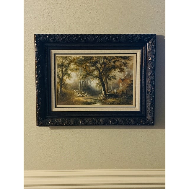 Warren Clarke Original 1989 Oil Painting Woodland Sheep Landscape in Ornate Frame For Sale - Image 14 of 14
