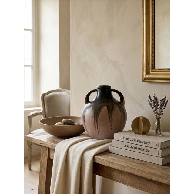Pink and Black Flame Glazed Stoneware Vase with Double Handle by G. Méténier, 1920s, in Very Good conditions. Designed...