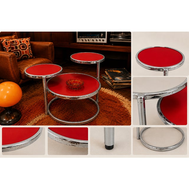 Red Coffee Table with Glass Tops and Chromed Steel Frame, 1970s For Sale - Image 9 of 11