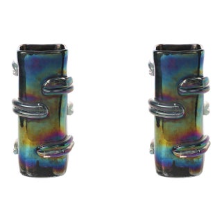 Pair of Mid-Century Hand-Blown Murano Iridescent Glass Vases For Sale