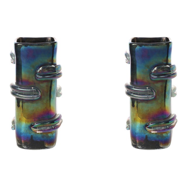 Pair of Mid-Century Hand-Blown Murano Iridescent Glass Vases For Sale