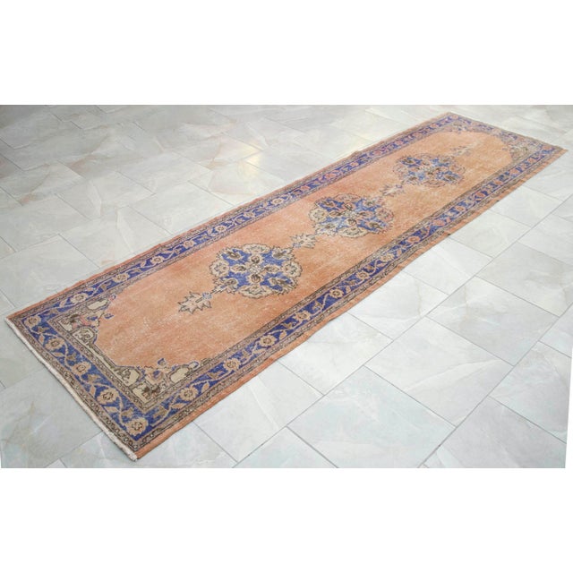 Hand-Knotted Turkish Runner Rug Faded Colors Low Pile - 2'12″ X 10'10″ For Sale - Image 4 of 13