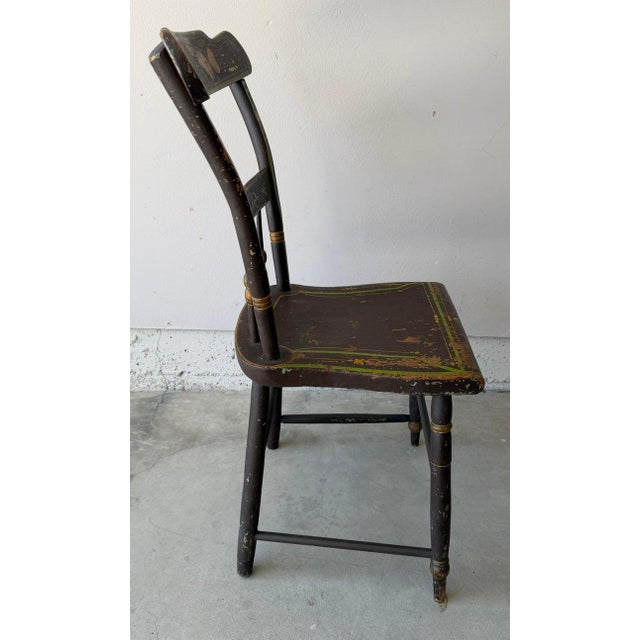 Pair of 19th Century Wooden Plank Seat Chairs With Original Stencil Work For Sale In Los Angeles - Image 6 of 12