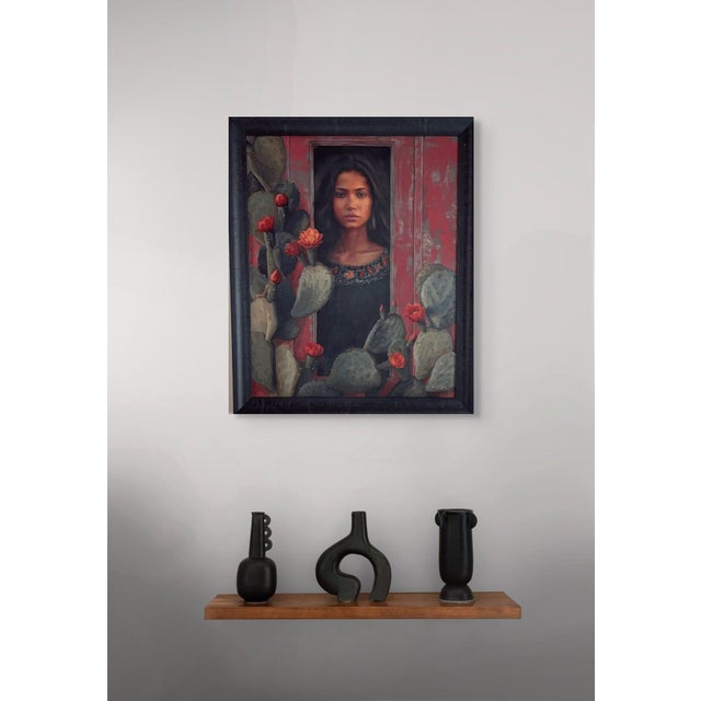 Resilience in Bloom by Terra Novak | Oil on wood Portrait of a woman surrounded by cacti and flowers For Sale - Image 4 of 5