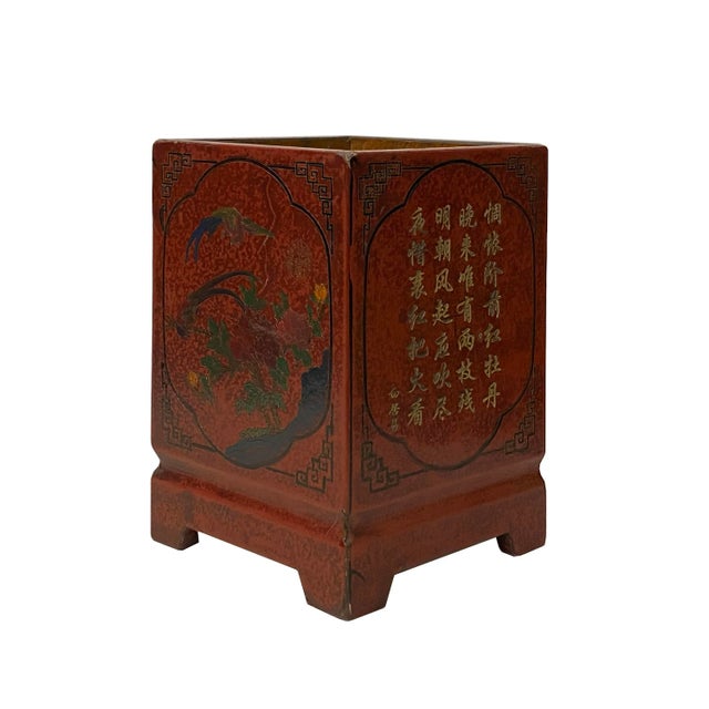 Chinoiserie Distressed Brick Red Flowers Graphic Rhombus Shape Wood Holder For Sale - Image 3 of 9