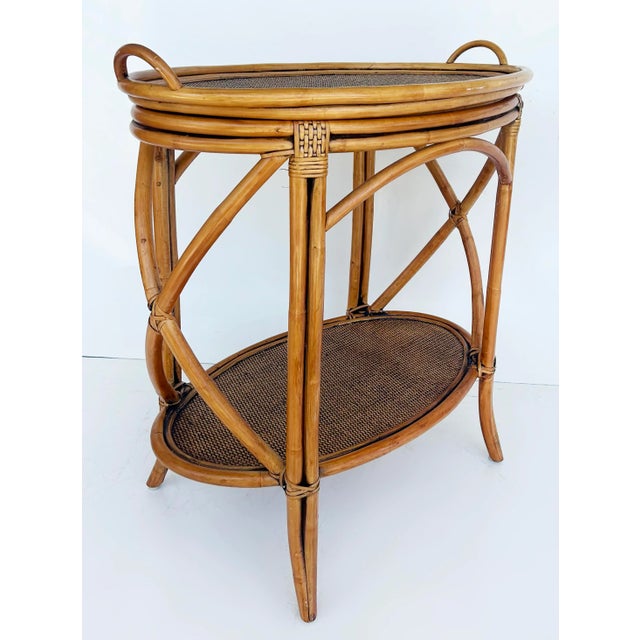 Rattan and Woven Grasscloth Oval Removable Tray Top Table Offered for sale is a rattan and woven grasscloth oval tray...