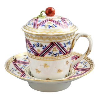 Antique Trembleuse Chocolate Cup and Saucer from Manufacture De La Reine, 1800, Set of 3 For Sale