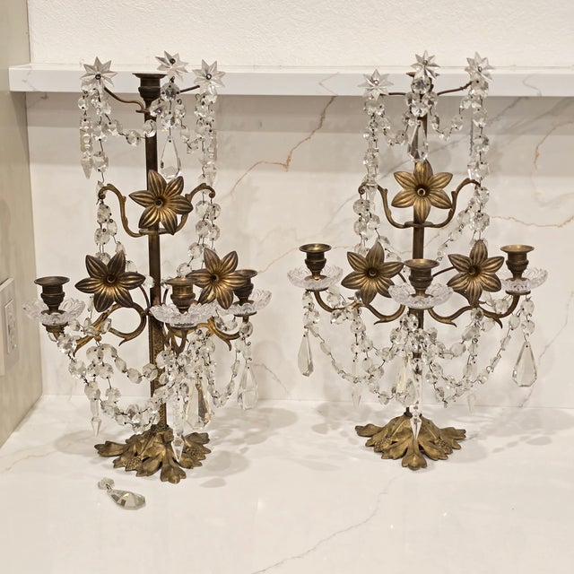 French Pair of 1950s French Regency Style Gilt and Crystal Girandole For Sale - Image 3 of 14